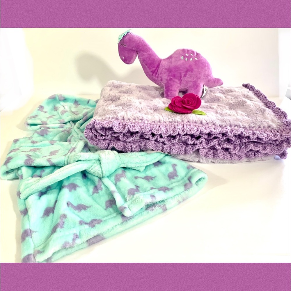 Lavender Ruffle Rosette Minky Crochet Dinosaur Baby Blanket Set